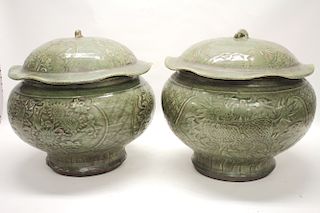 Pair of Large Longquan-Type Lidded Jars