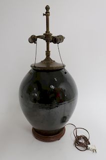 A Signed  Asian Stoneware Storage Jar as Lamp