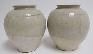 Pair Tang Style Jars with Celadon Glaze