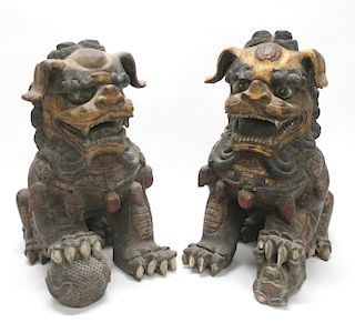 Pair Large Wooden Foo Lions
