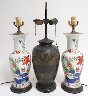 Chinese Cloisonne Lamp & Pr Porcelain Lamps