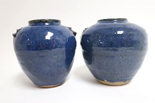 Pair of Modern Blue Glazed Pottery Jars