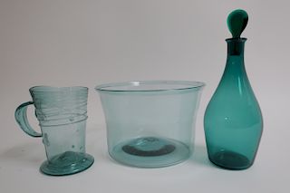3 Colored Glass Vessels, Bowl, Mug, Decanter
