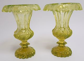 Pair of Vaseline Cut Glass Vases