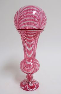 Free-Blown Red and White Witch Ball on Vase