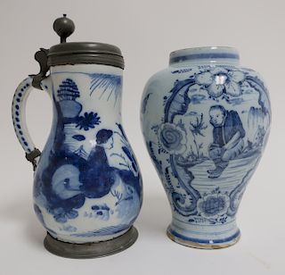 Two Delft Blue & White Pottery Vessels, 18th C