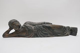 Asian Reclining Carved Wood Buddha