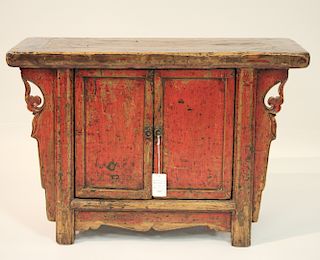 Chinese Red Painted/Natural Finish Small Cupboard