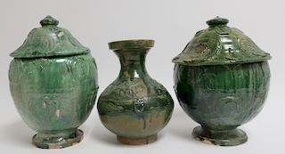 Pair of Yuan Style Lidded Jars and Han Style Vase