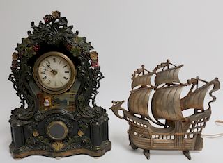 Cast Iron Clock & Cast Brass Ship Lamp