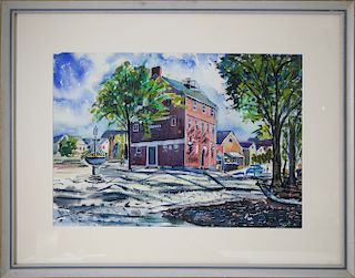 Vintage Nantucket Watercolor "View of the Customs House and Fountain, Lower Main Street"