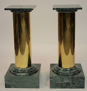 Pair Green Veined Marble and Brass Pedestals