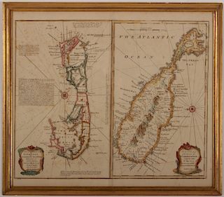 18th c. Hand Colored Map of Bermuda and St Kitts