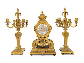 A Louis XVI Style Gilt Bronze Clock Garniture