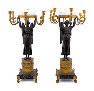 A Pair of Empire Gilt and Patinated Bronze Six-Light Figural Candelabra
