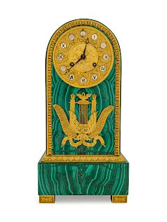 An Empire Style Gilt Bronze Mounted Malachite Mantel Clock