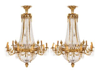 A Pair of Neoclassical Style Gilt Bronze Ten-Light Chandeliers