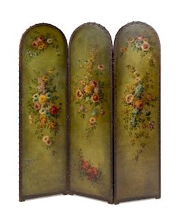 A Continental Painted Leather Three-Panel Floor Screen