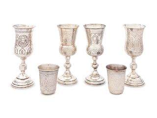 A Group of Four Russian Silver Kiddush Cups and Two Russian Silver Shot Glasses