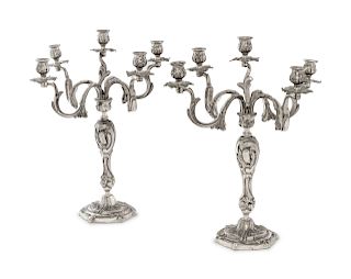 A Pair of Louis XV Style Silvered Bronze Five-Light Candelabra