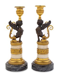 A Pair of Empire Style Gilt Bronze Mounted Marble Candlesticks