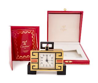 A Cartier Art Deco Style Enameled Desk Clock