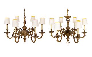 A Pair of Dutch Baroque Style Brass Six-Light Chandeliers