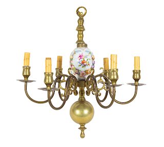 A Continental Porcelain Mounted Baroque Style Brass Chandelier
Height 26 1/2 inches.