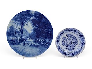 Two Continental Blue and White Glazed Earthenware Plates