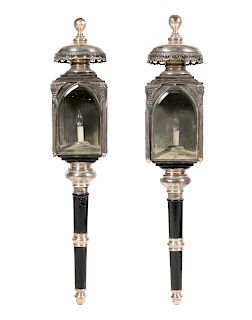 A Pair of Black-Painted and Silvered Metal Mounted Lanterns