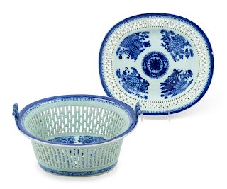 A Chinese Export Blue Fitzhugh Porcelain Basket and Dish