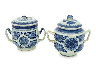 A Chinese Export Blue Fitzhugh Porcelain Two-Handled Sugar Bowl and a Covered Sugar Bowl