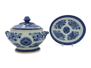 A Chinese Export Blue Fitzhugh Porcelain Soup Tureen with Platter