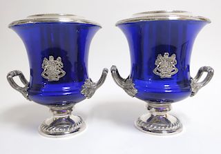 Pair Blue Glass & Silver Plate Wine Coolers