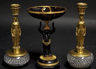 3 French Bronze & Cut Glass Table Articles