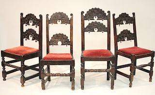 Matched Set of 4 English Jacobean Oak Side Chairs