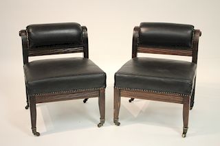 Pr. Carved Mahogany and Leather Fireside Chairs