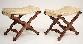 Pair French Rococo Style Fruitwood X Stools