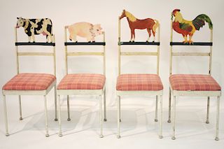 4 Iron Side Chairs Hand Painted W/ Farm Animals