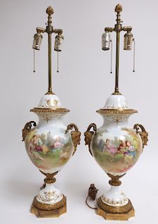 Pair Sevres Style Porcelain Urns as Table Lamps