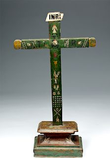 19th C. Mexican Painted Wood Cross - Folk Art Style