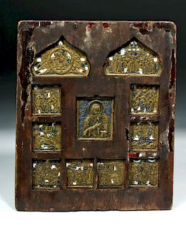 18th C. Russian Composite Icon w/ 11 Brass Icons