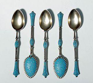 19th C. Norwegian Gilded Silver / Enamel Spoons (5)
