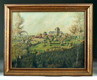 20th C. European Oil Painting of Village