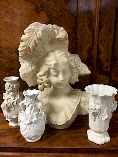19th c. Alabaster Bust and 3 Parian Vases