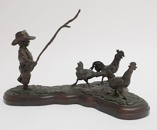 Bronze Group Farmer Boy & 3 Chickens/Roosters
