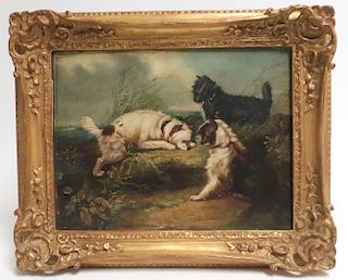 British Sch, 19th c., Three Cairn Terriers, O/C/B