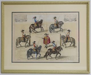 Dressage Hand Colored Engraving, 17th C