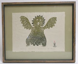 Pitseolak, "Joyful Owl" Stone Cut