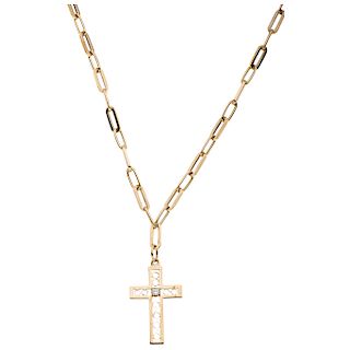 A yellow gold 14 K diamond  necklace and cross.